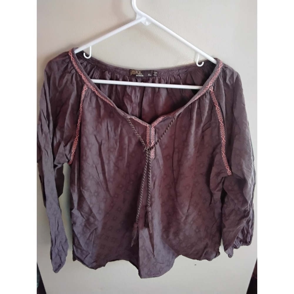 Prana Womens XL‎ Plum Purple Embroidered Tassel Peasant Blouse Long Sleeve Top
